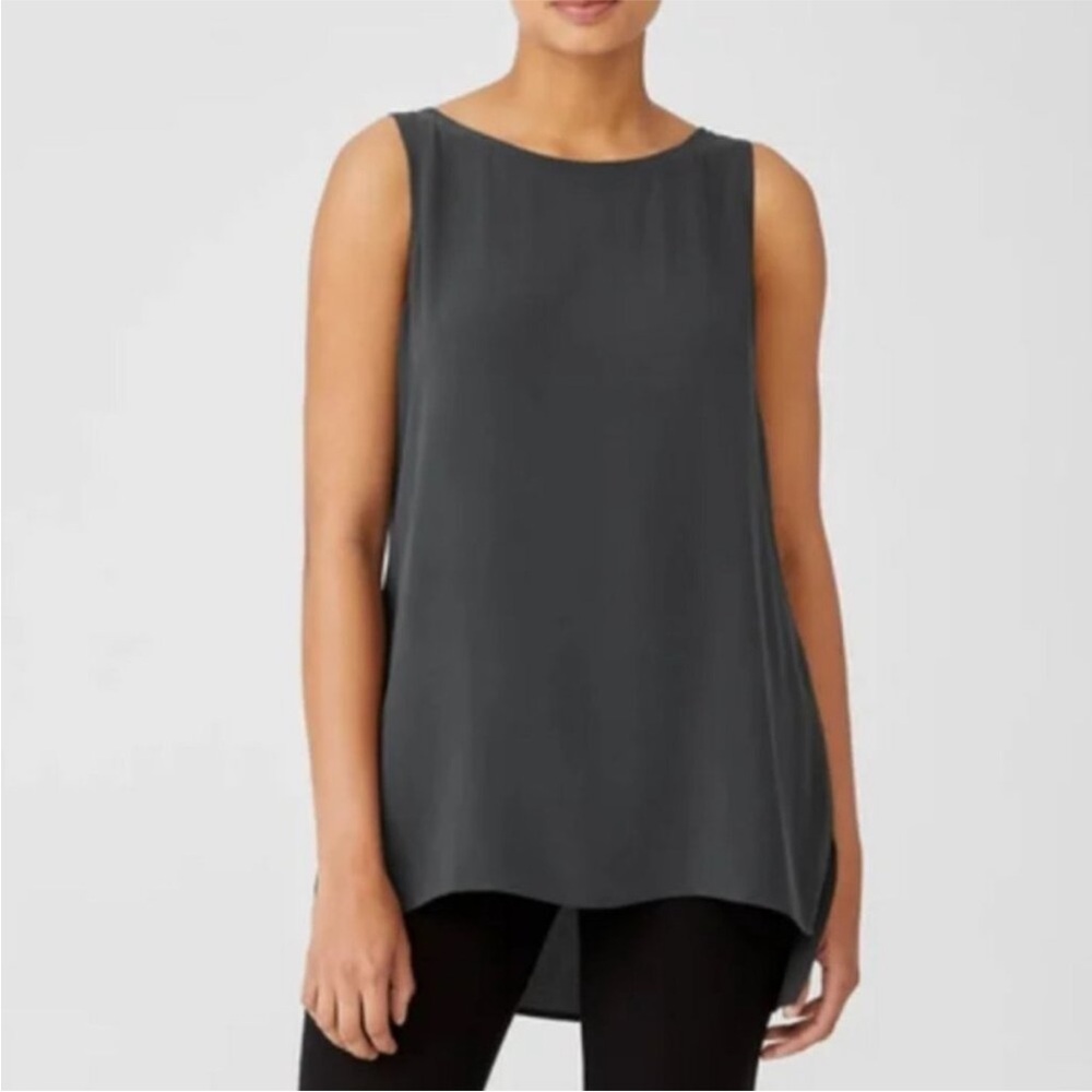 Eileen Fisher System Silk Georgette Crepe Bateau Neck Shell Large Gray